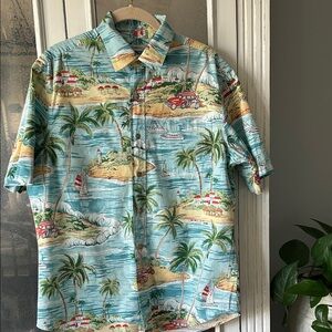 Saddlebred Light Blue Island Print Short-Sleeve Button-Down